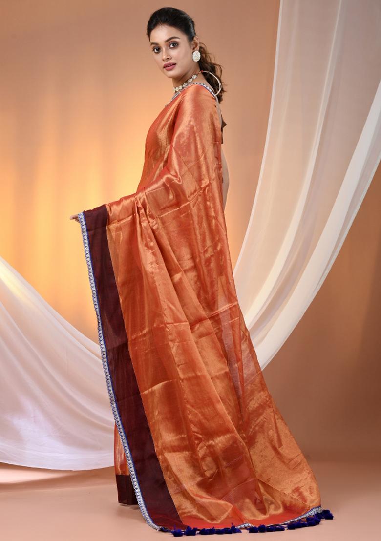 Red Floral Embroidery Tissue Saree Set