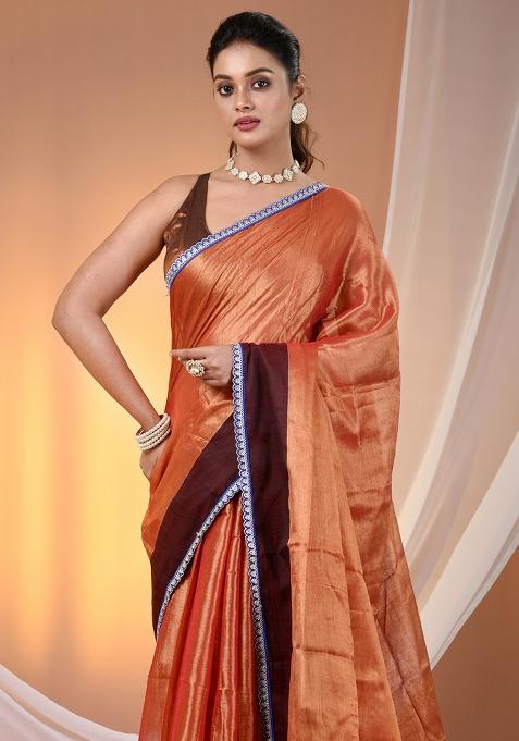 Red Floral Embroidery Tissue Saree Set