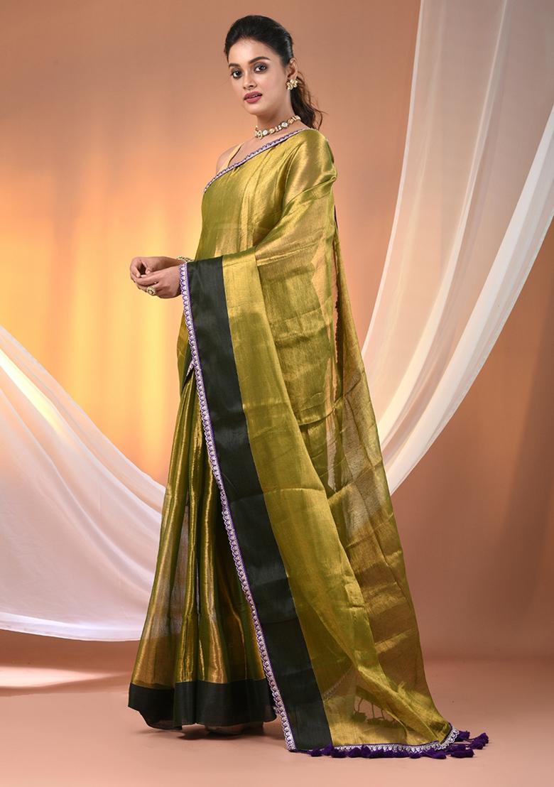 Sap Green Floral Embroidery Tissue Saree Set - Indya