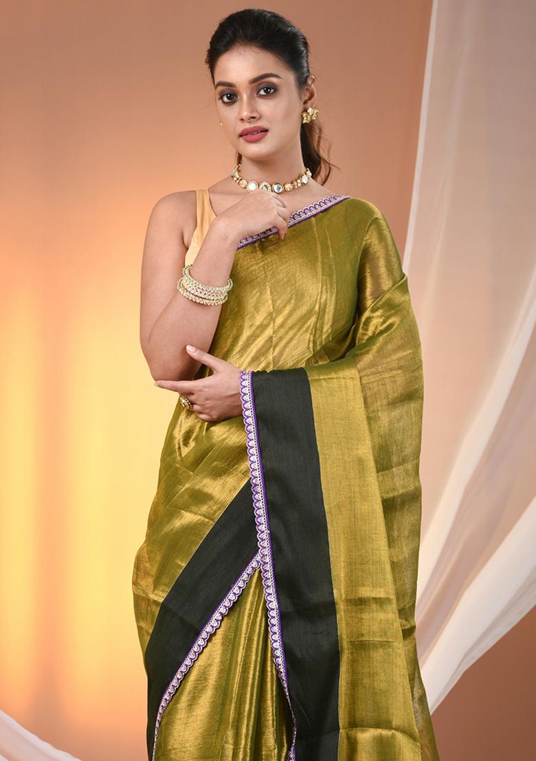 Sap Green Floral Embroidery Tissue Saree Set - Indya