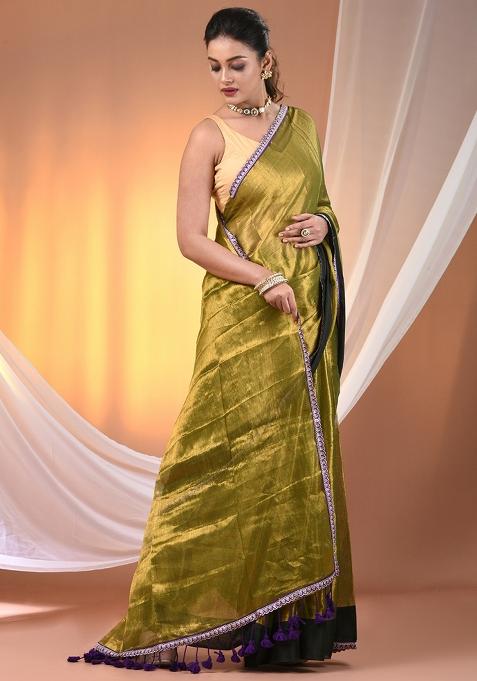 Sap Green Floral Embroidery Tissue Saree Set