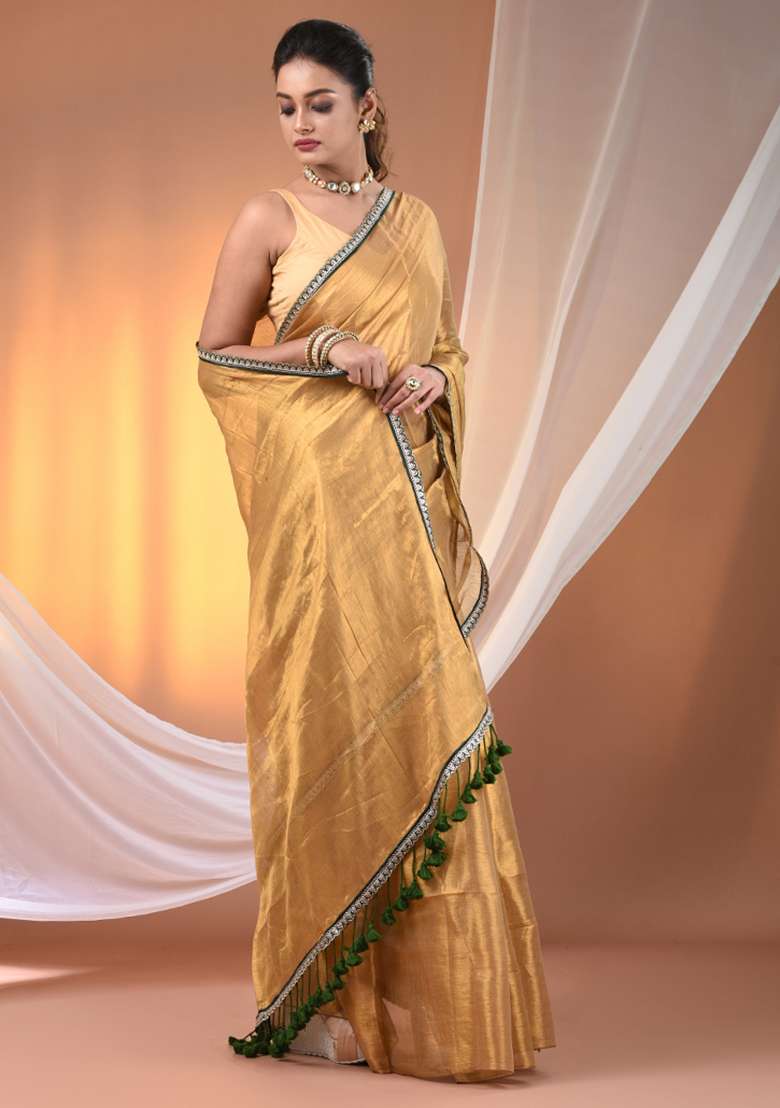 Beige Floral Embroidery Tissue Saree Set for Diwali and Festive Wear - Indya