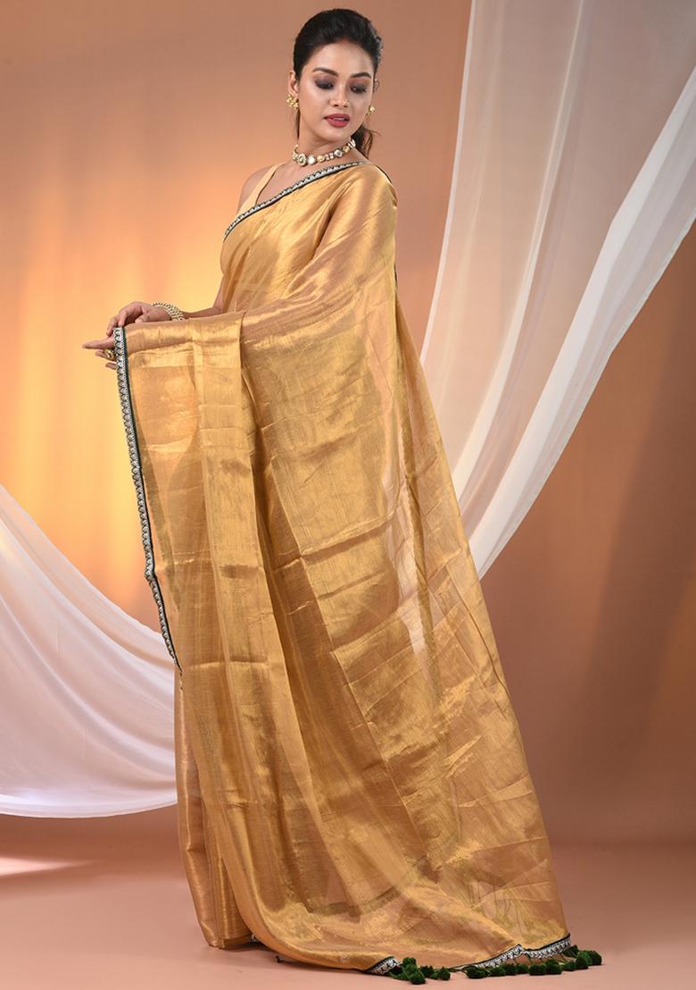 Beige Floral Embroidery Tissue Saree Set - Indya
