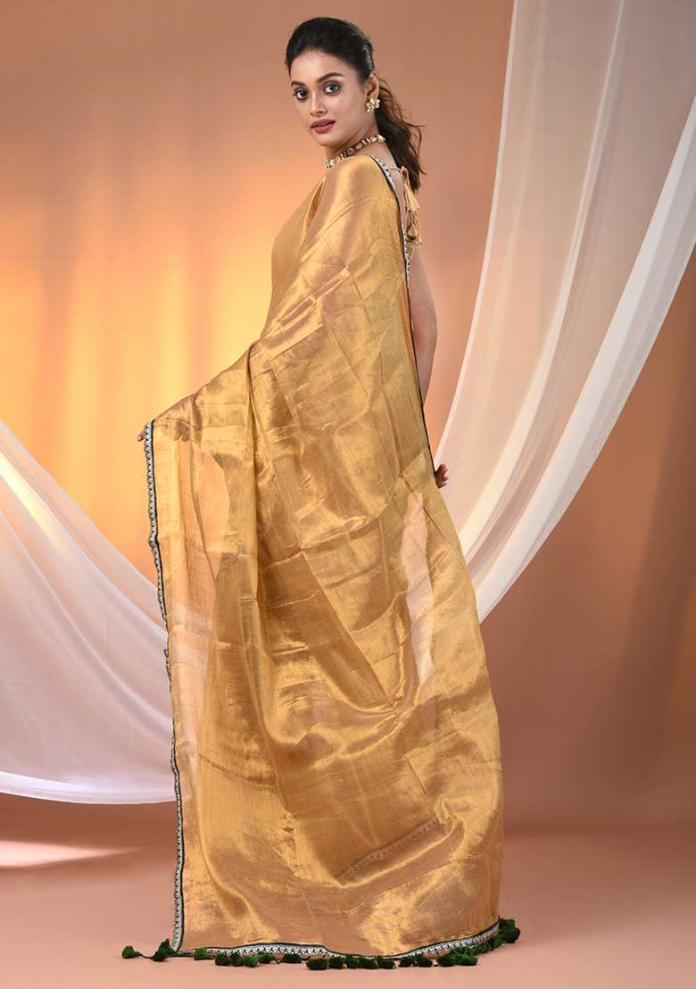 Beige Floral Embroidery Tissue Saree Set for Diwali and Festive Wear - Indya