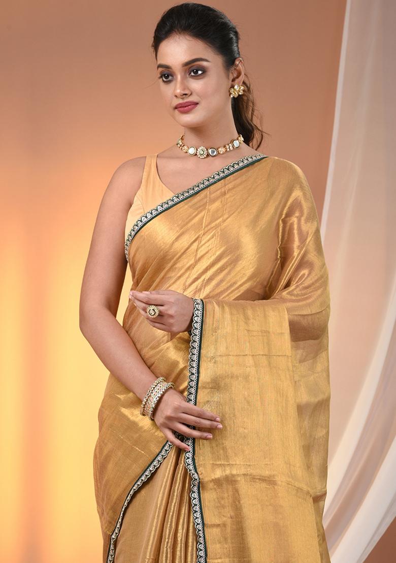 Beige Floral Embroidery Tissue Saree Set - Indya