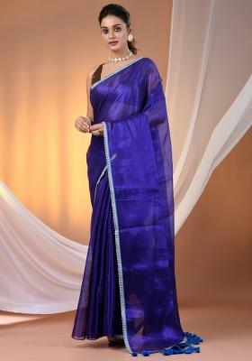 Blue Floral Embroidery Tissue Saree Set