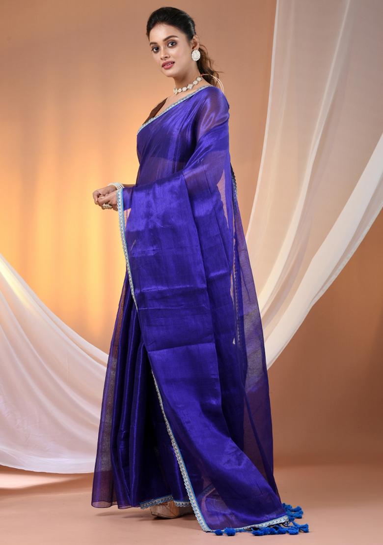 Blue Floral Embroidery Tissue Saree Set - Indya