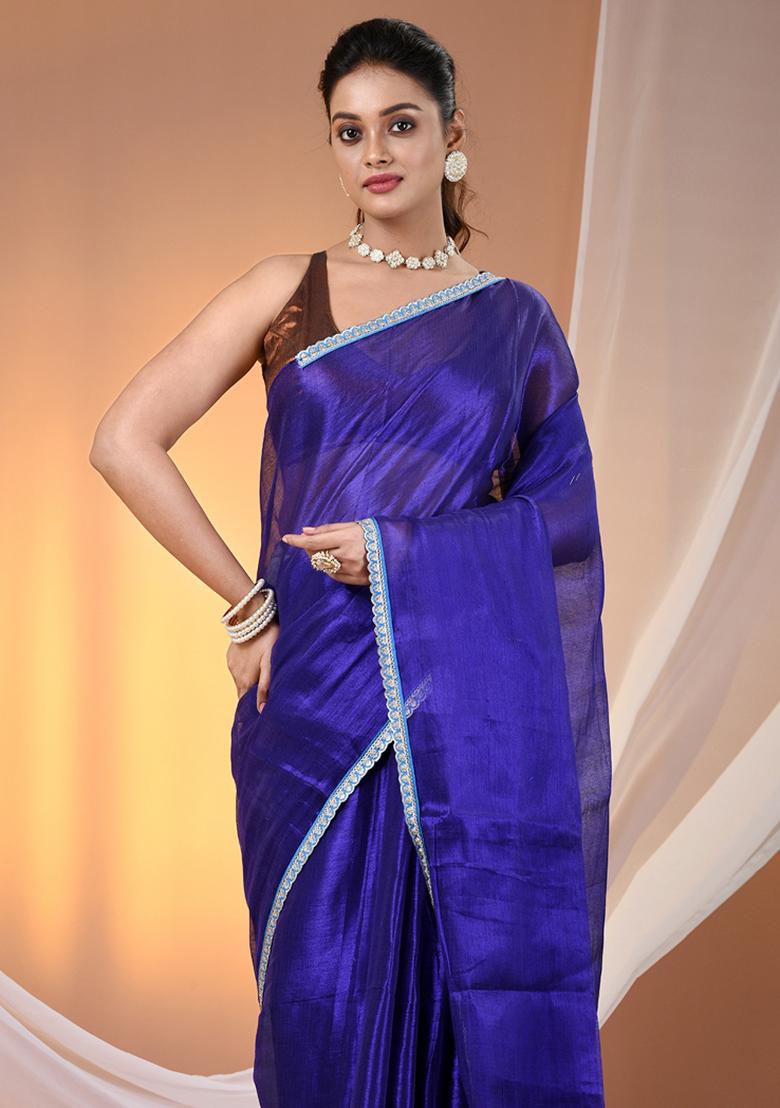 Blue Floral Embroidery Tissue Saree Set - Indya