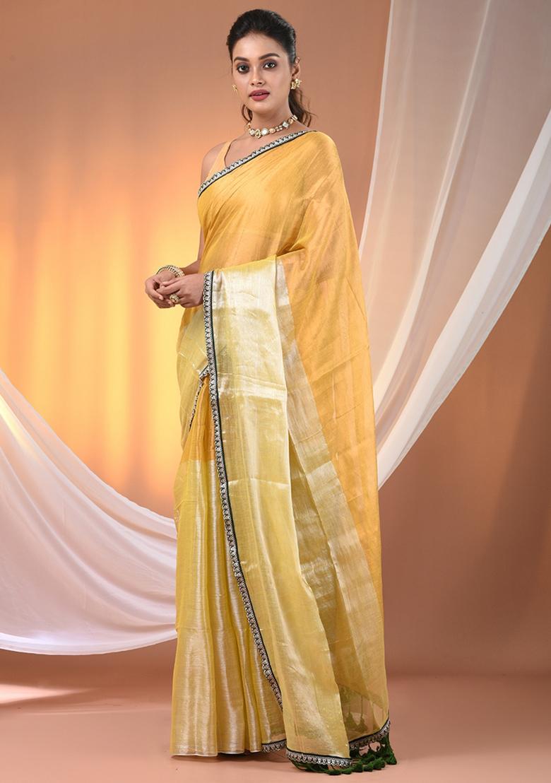 Yellow Floral Embroidery Tissue Saree Set - Indya