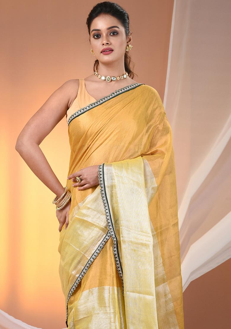 Yellow Floral Embroidery Tissue Saree Set - Indya