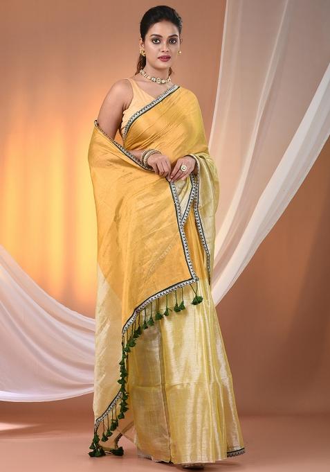 Yellow Floral Embroidery Tissue Saree Set