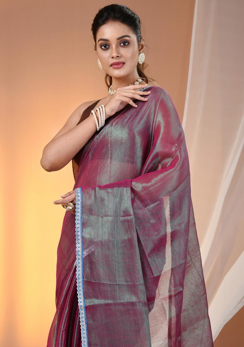 Purple Floral Embroidery Tissue Saree Set - Indya