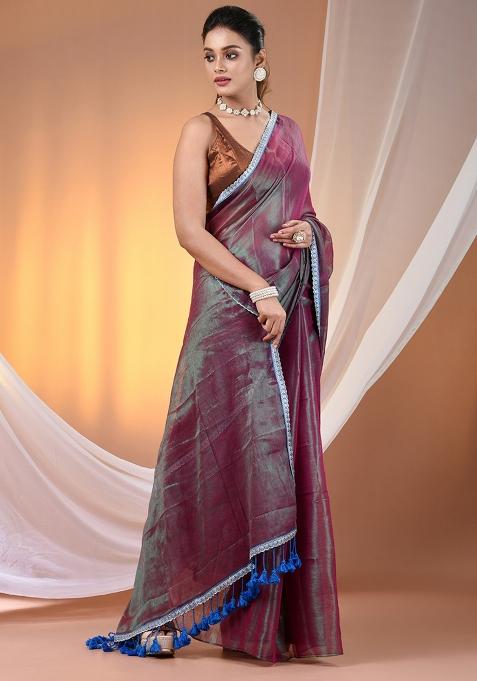 Purple Floral Embroidery Tissue Saree Set