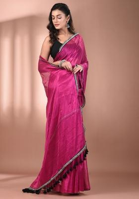 Pink Floral Embroidery Tissue Saree Set