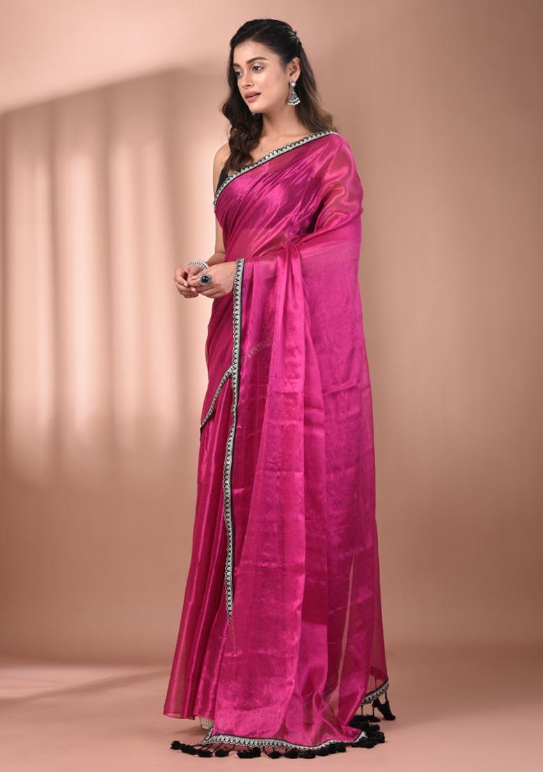 Pink Floral Embroidery Tissue Saree Set - Indya