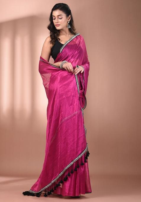 Pink Floral Embroidery Tissue Saree Set