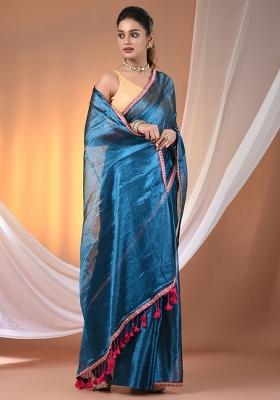 Sapphire Blue Floral Embroidery Tissue Saree Set