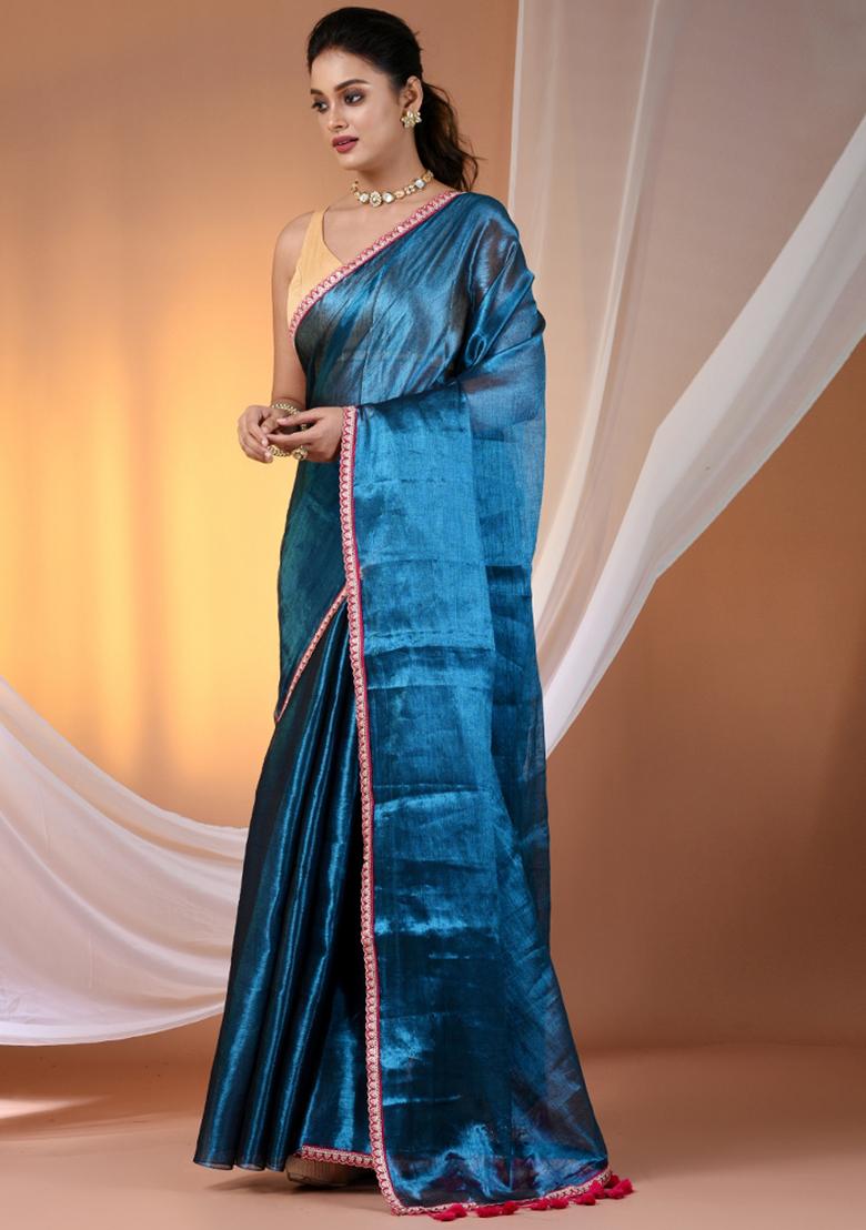 Sapphire Blue Floral Embroidery Tissue Saree Set - Indya