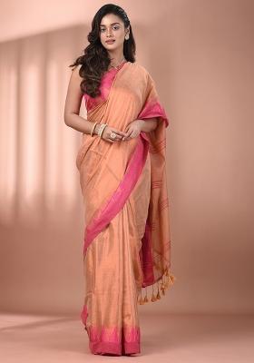 Beige Floral Embroidery Tissue Saree Set
