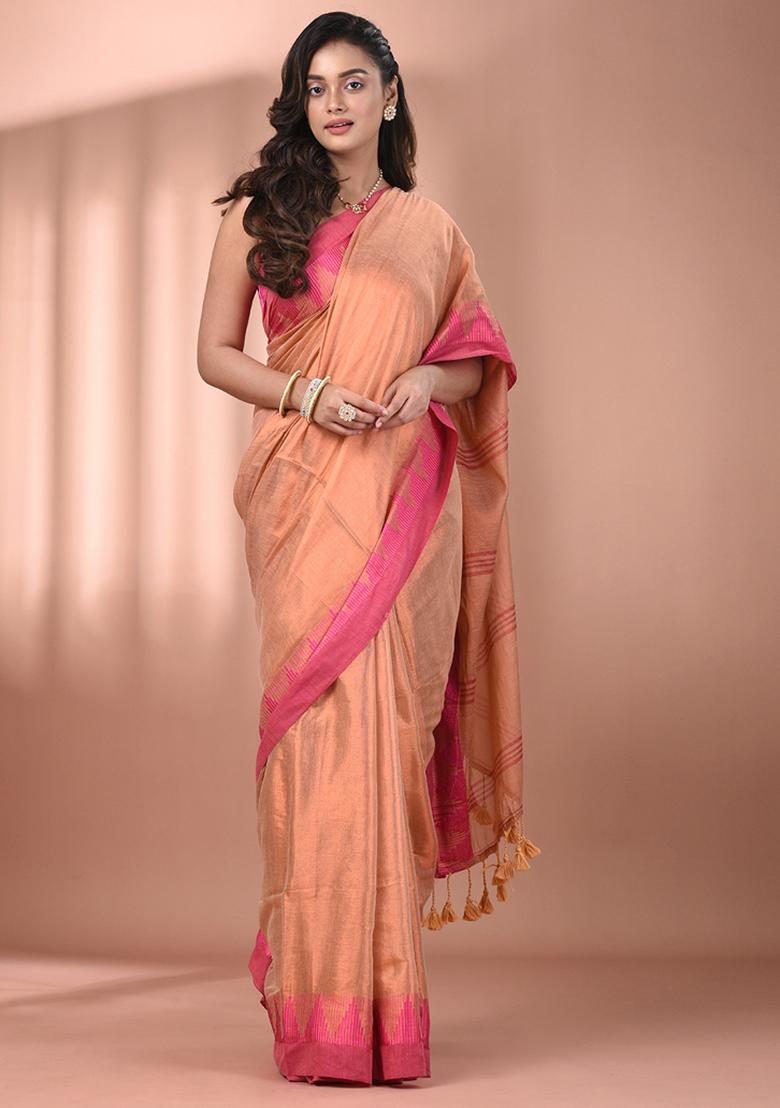 Beige Floral Embroidery Tissue Saree Set
