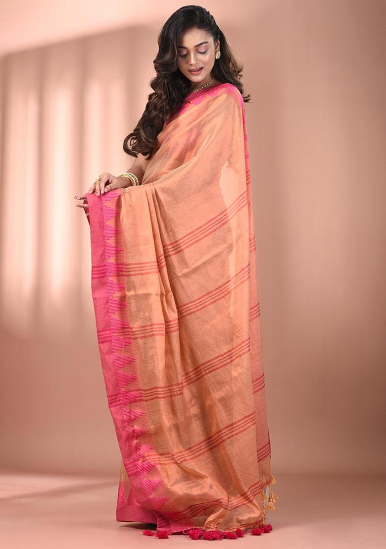 Beige Floral Embroidery Tissue Saree Set