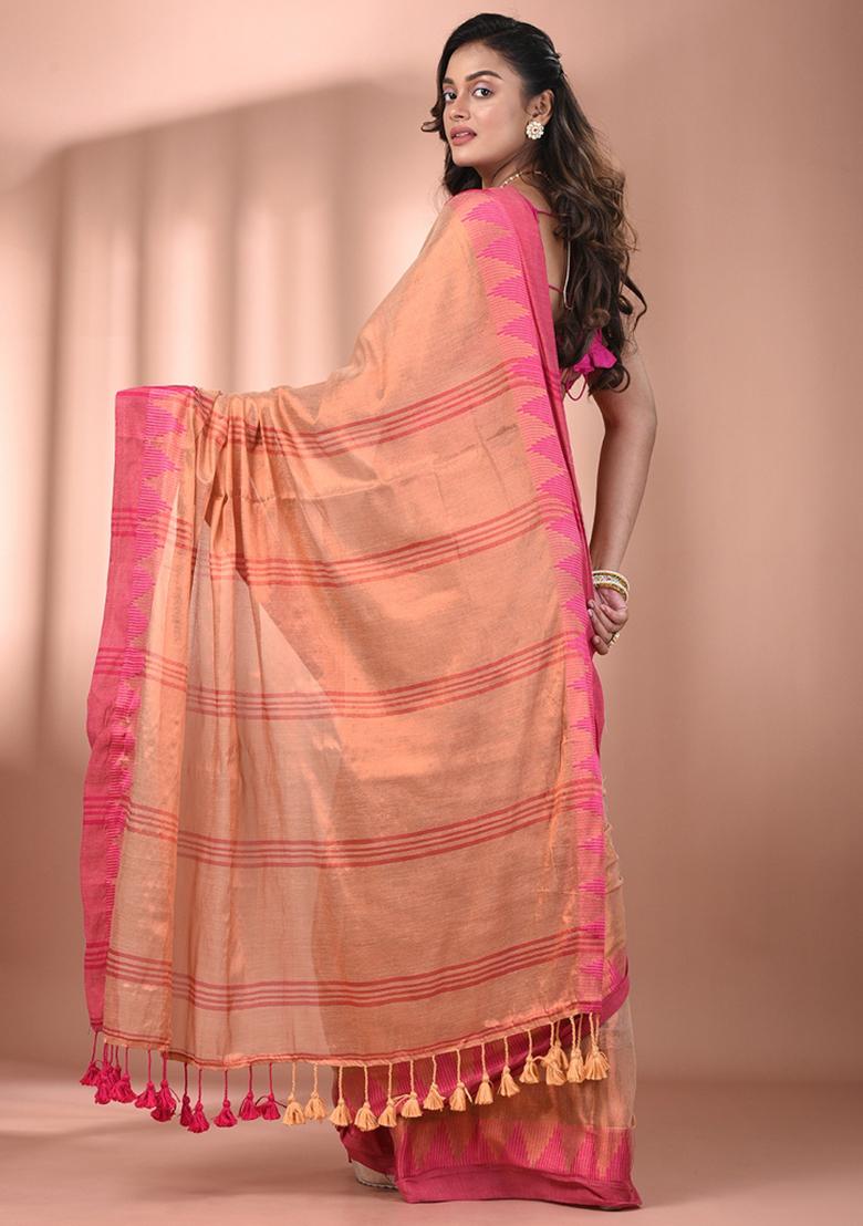 Beige Floral Embroidery Tissue Saree Set