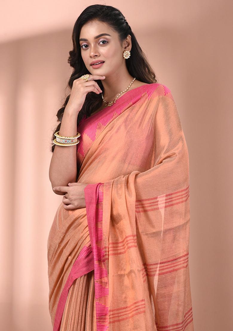 Beige Floral Embroidery Tissue Saree Set