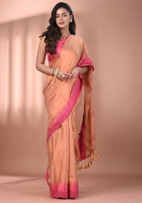 Beige Floral Embroidery Tissue Saree Set