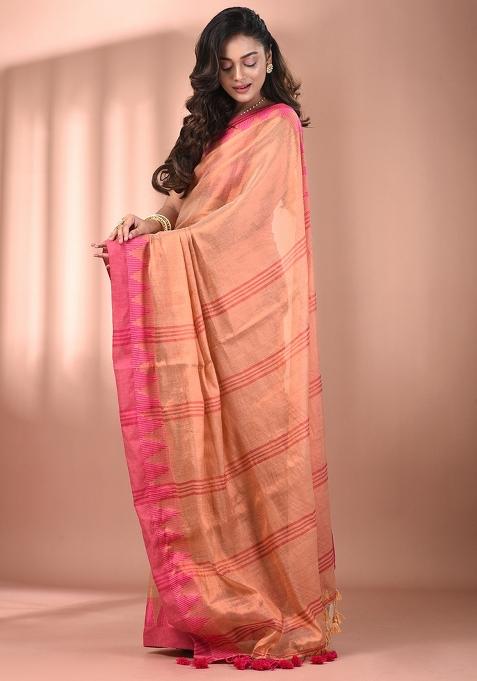 Beige Floral Embroidery Tissue Saree Set