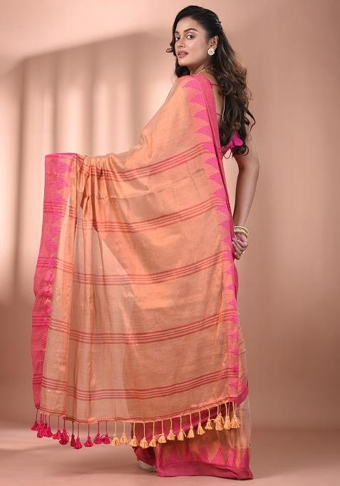 Beige Floral Embroidery Tissue Saree Set