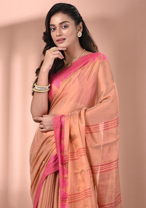 Beige Floral Embroidery Tissue Saree Set
