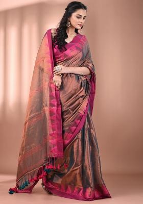 Copper Floral Embroidery Tissue Saree Set