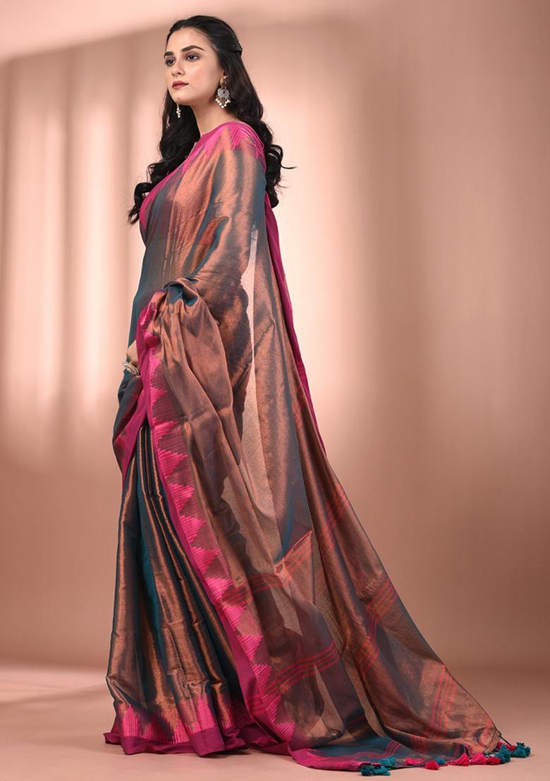 Copper Floral Embroidery Tissue Saree Set - Indya