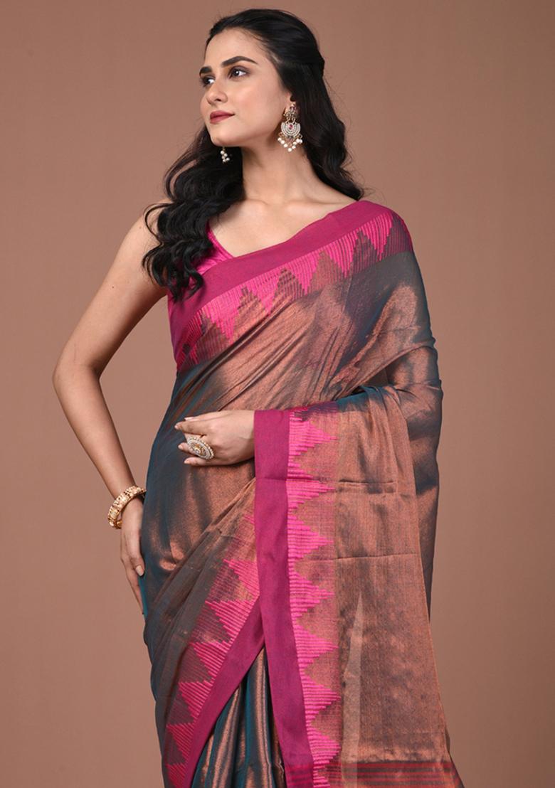 Copper Floral Embroidery Tissue Saree Set - Indya