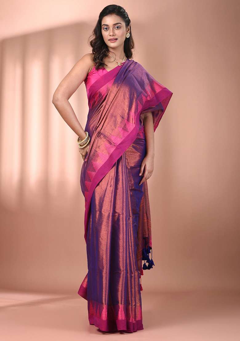 Violet Floral Embroidery Tissue Saree Set for Diwali and Festive Wear - Indya