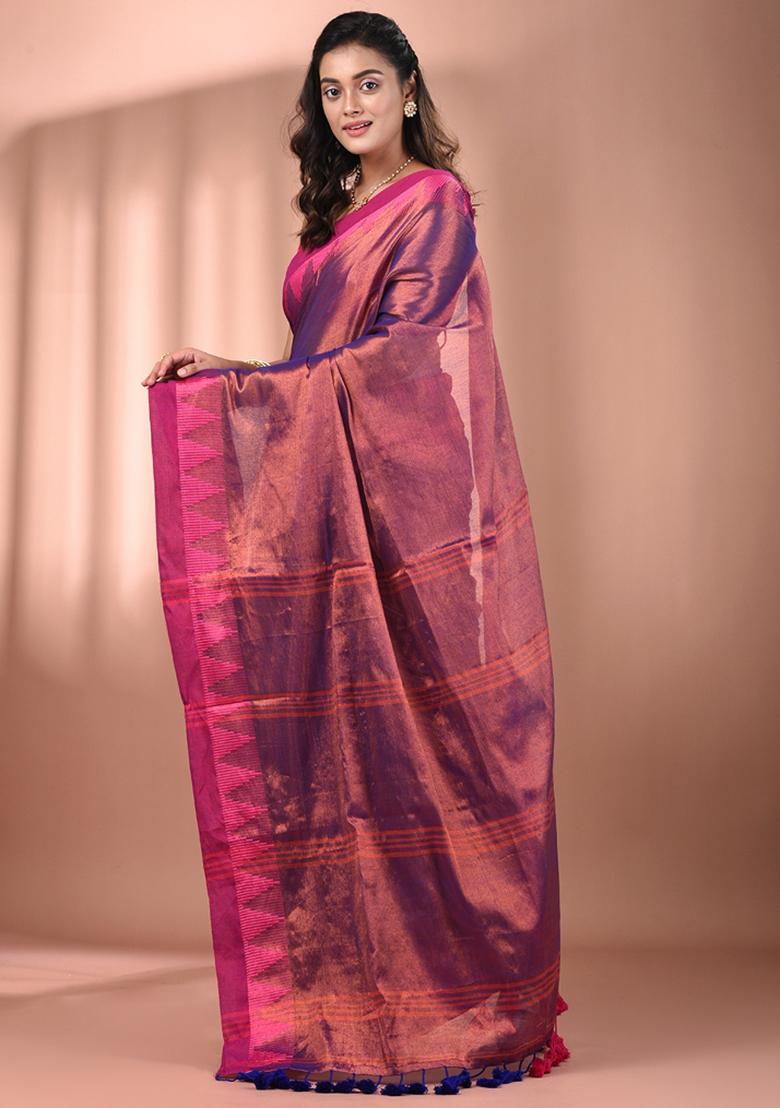 Violet Floral Embroidery Tissue Saree Set - Indya