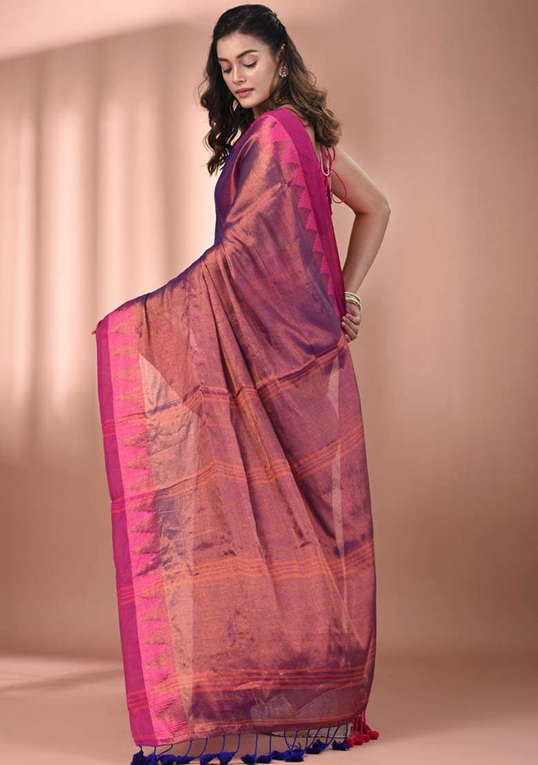 Violet Floral Embroidery Tissue Saree Set for Diwali and Festive Wear - Indya