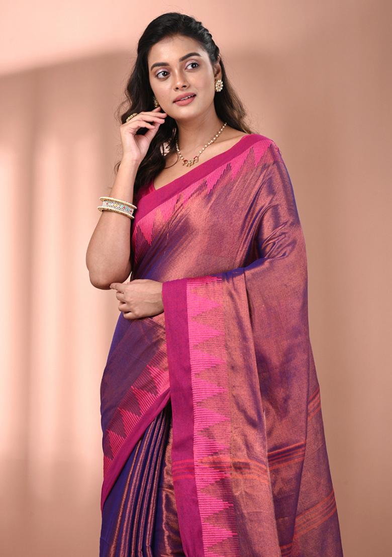 Violet Floral Embroidery Tissue Saree Set - Indya