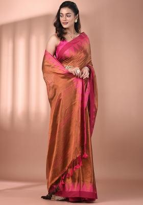 Brown Floral Embroidery Tissue Saree Set
