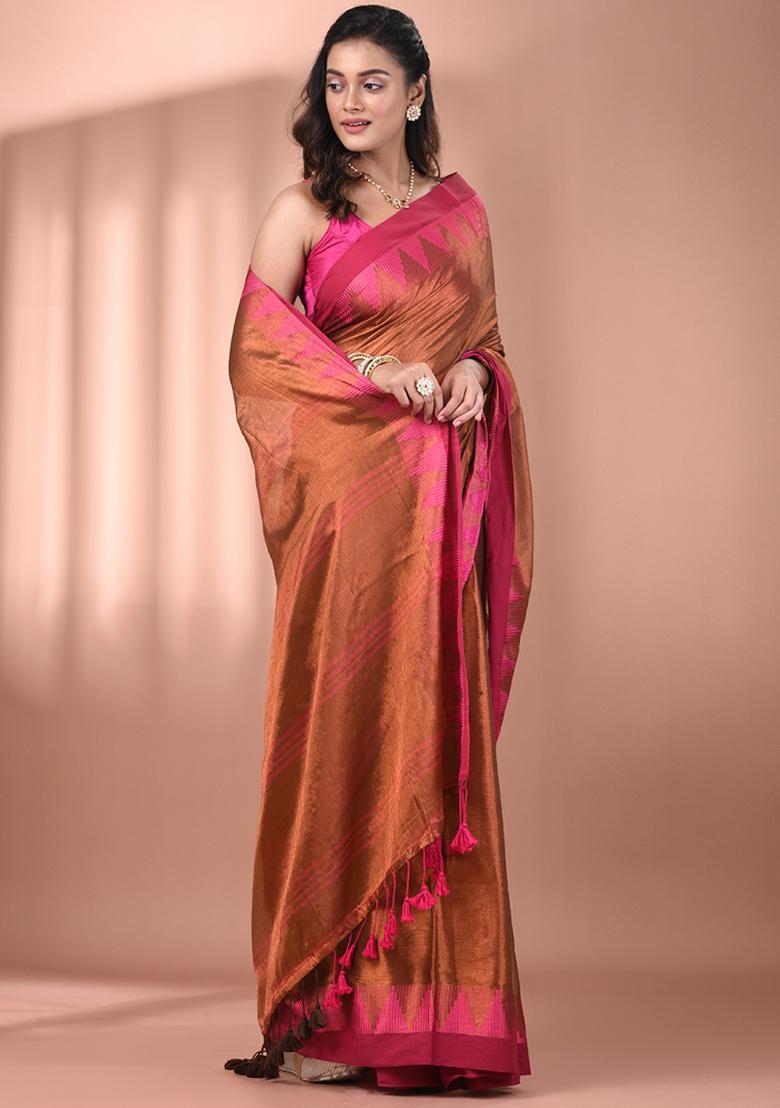 Brown Floral Embroidery Tissue Saree Set - Indya