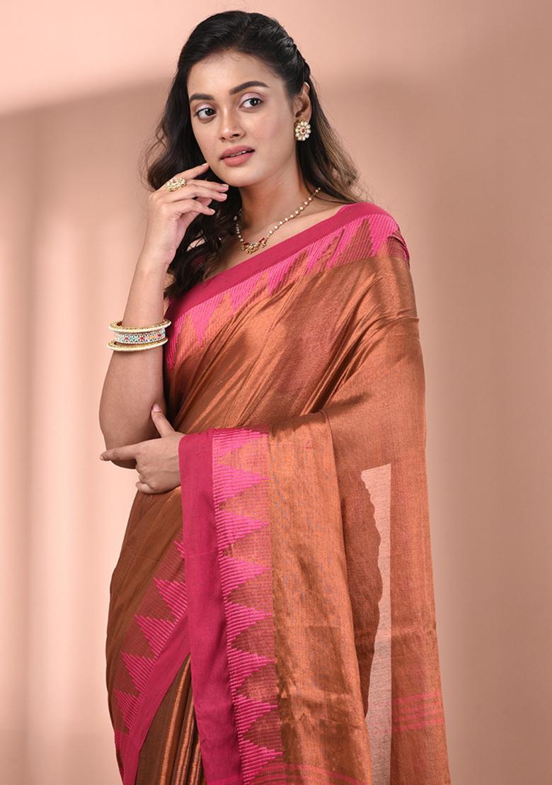 Brown Floral Embroidery Tissue Saree Set