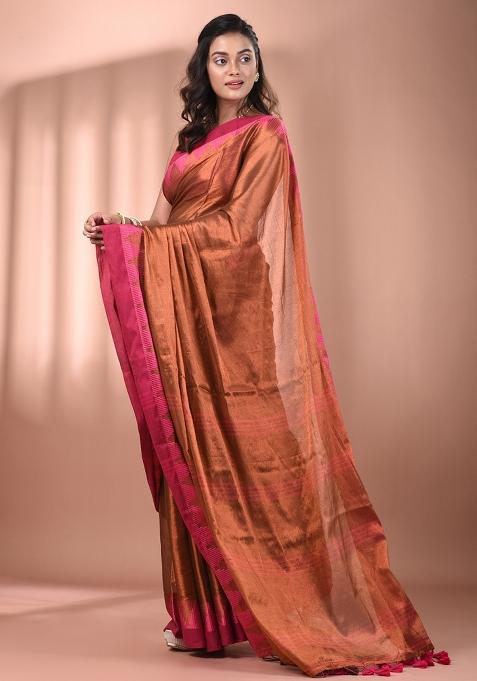 Brown Floral Embroidery Tissue Saree Set