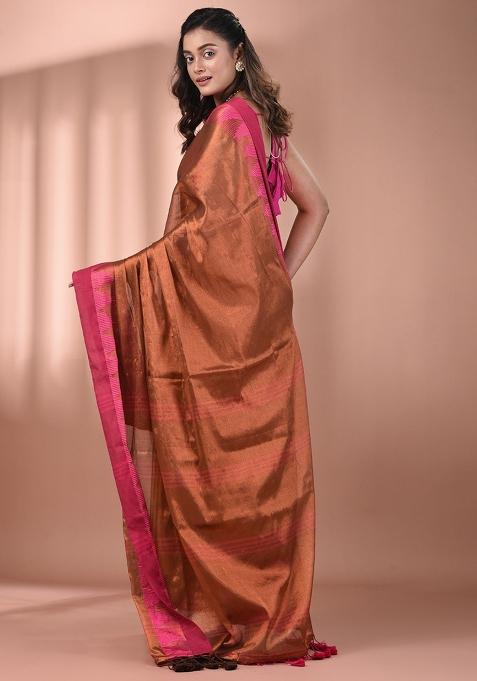 Brown Floral Embroidery Tissue Saree Set