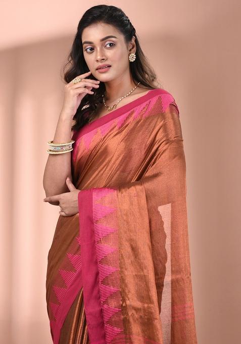 Brown Floral Embroidery Tissue Saree Set