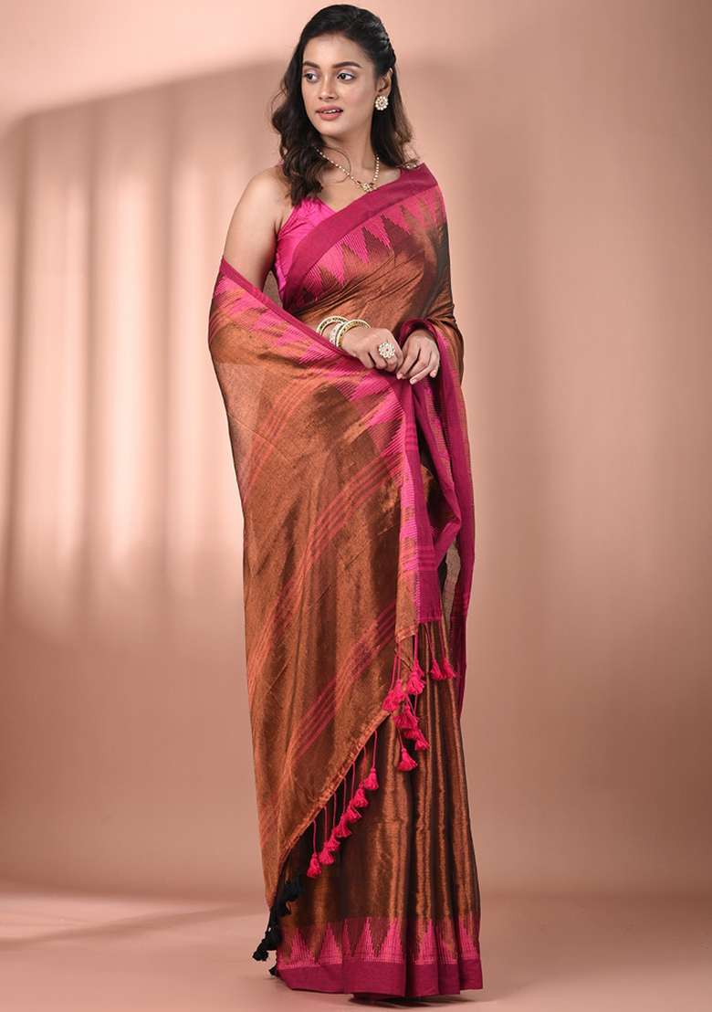 Copper Floral Tissue Saree Set with Embroidery for Diwali | Wedding & Festive Wear - Indya