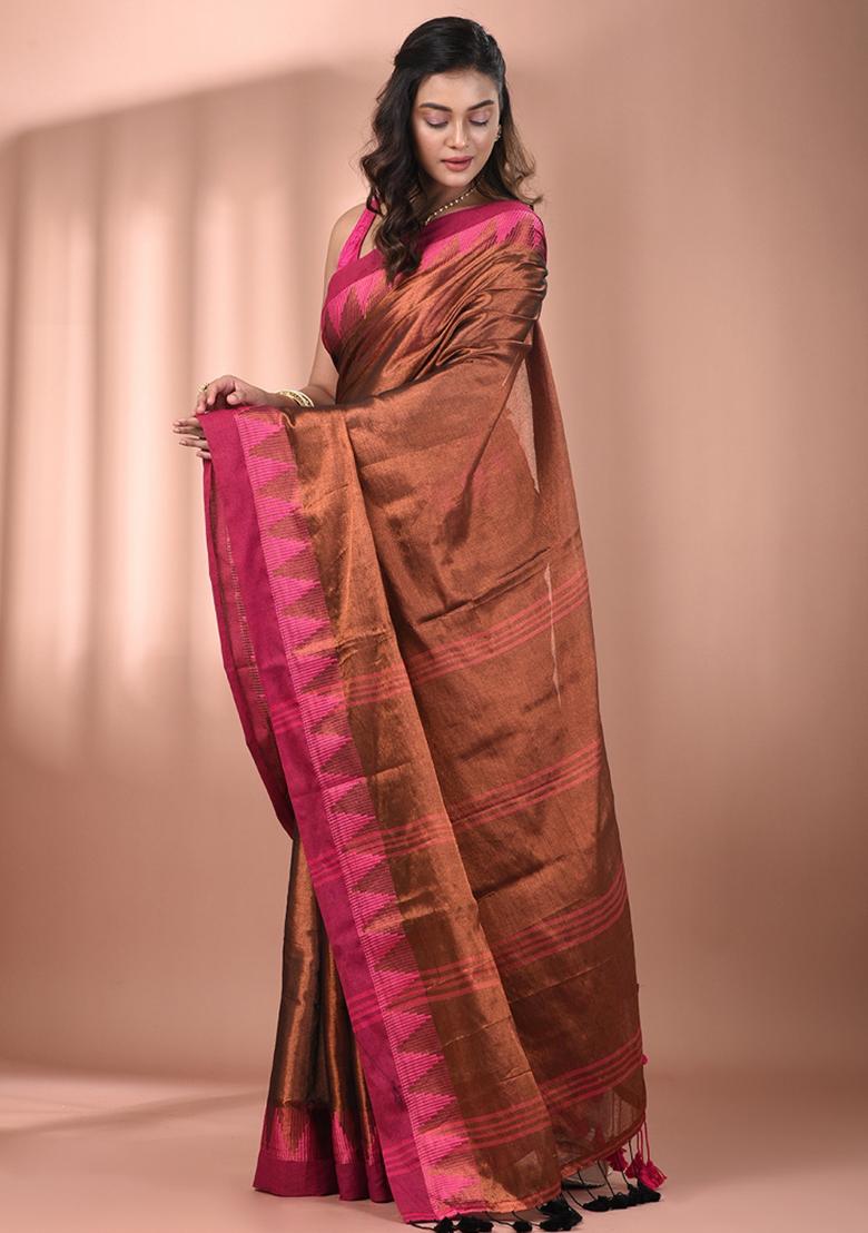 Copper Floral Embroidery Tissue Saree Set - Indya