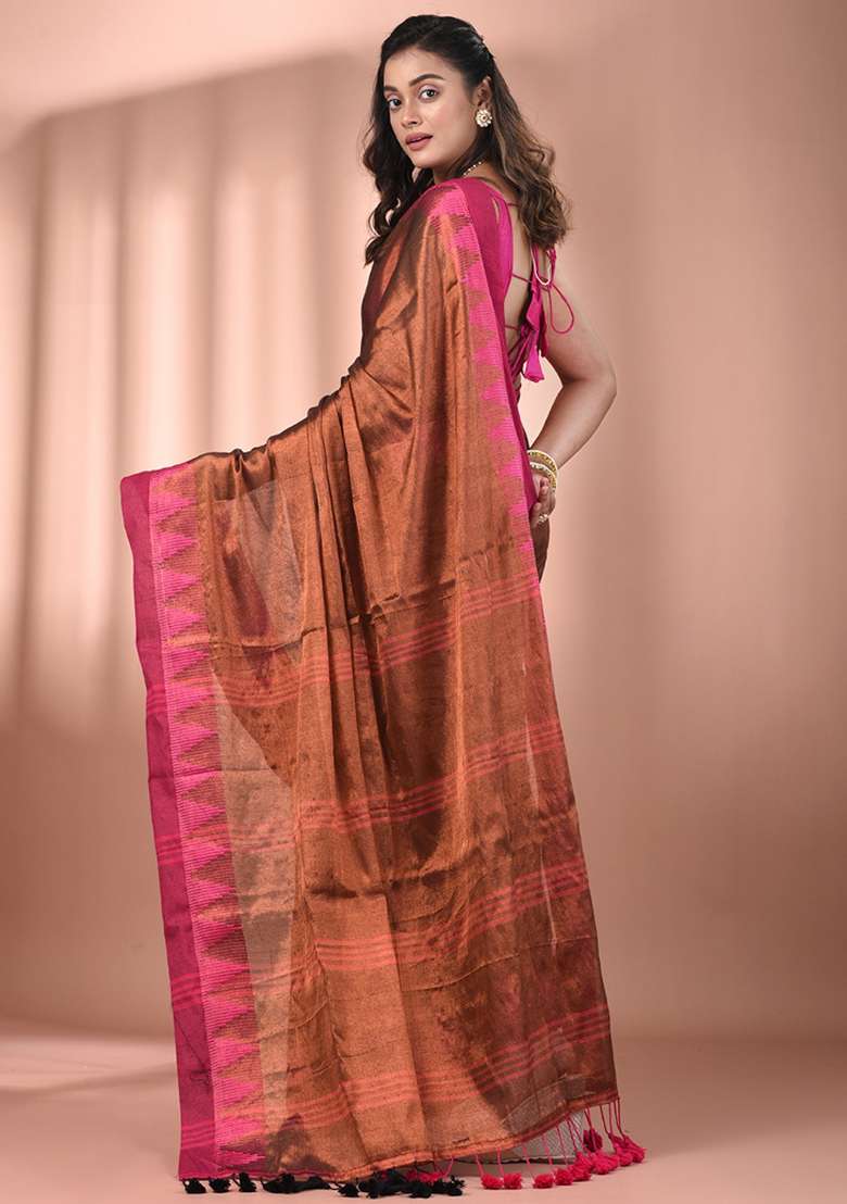 Copper Floral Tissue Saree Set with Embroidery for Diwali | Wedding & Festive Wear - Indya