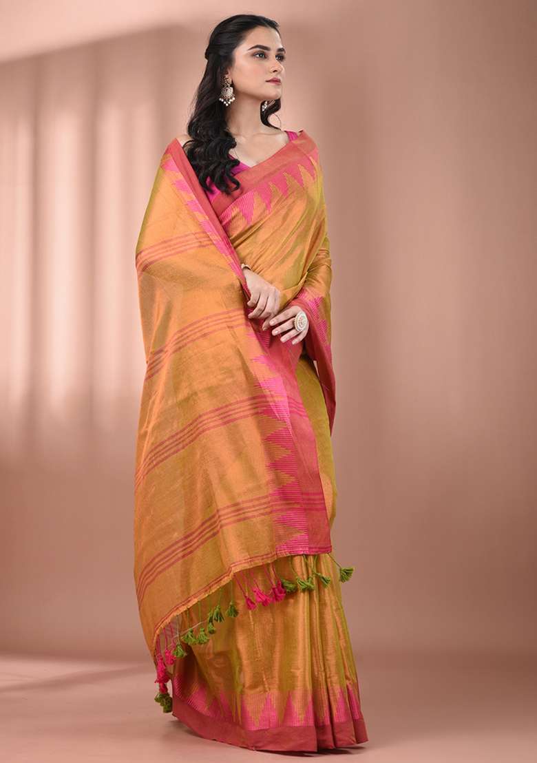 Lemon Yellow Floral Embroidery Tissue Saree Set for Diwali and Festive Wear - Indya