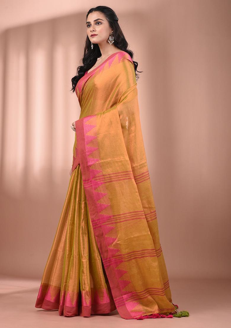 Lemon Yellow Floral Embroidery Tissue Saree Set - Indya