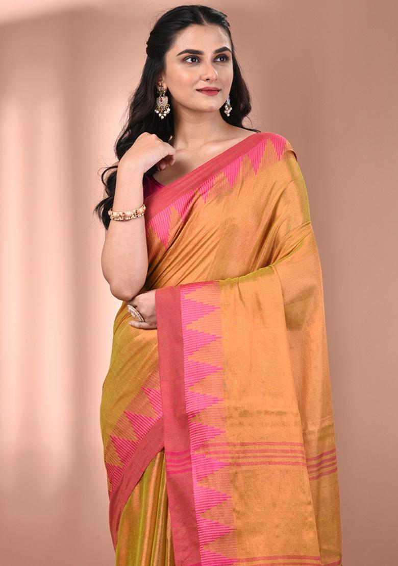 Lemon Yellow Floral Embroidery Tissue Saree Set - Indya